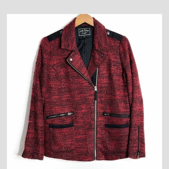 Lucky Brand Blazer Jacket Red Black Boucle Fabric Longer Length Silver Hardware - Picture 11 of 12